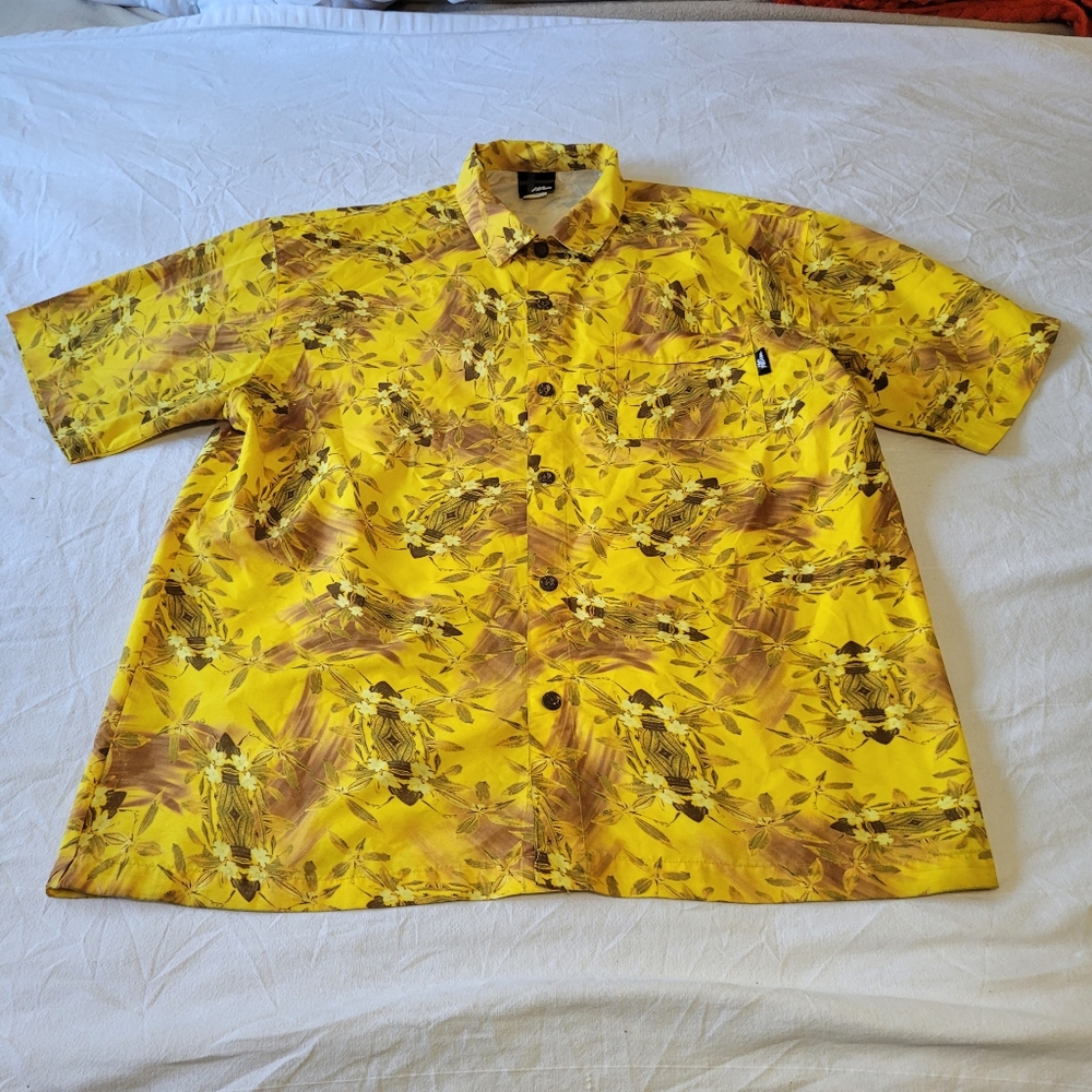 Vtg 90s No Fear Shirt Mens Large Tribal Yellow Hawaiian Single Stitch Button USA